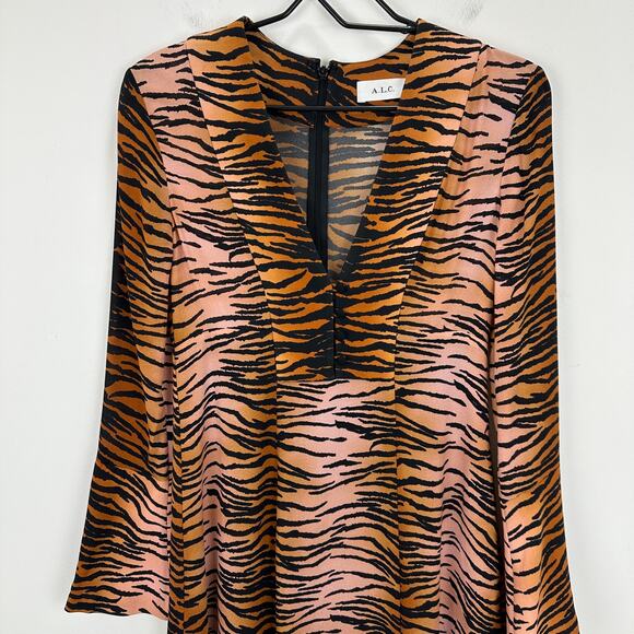 A.L.C. Brinkley Silk Mini Dress Animal Print V Neck A Line Long Sleeve Boho US 0 - Picture 5 of 13